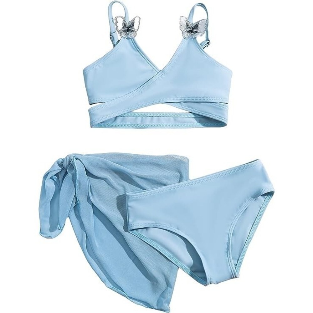 Cozyease Girl 3Pc Swimsuit Cute Butterfly Patched Wrap Bikini Set/Beach Skirt 5Y